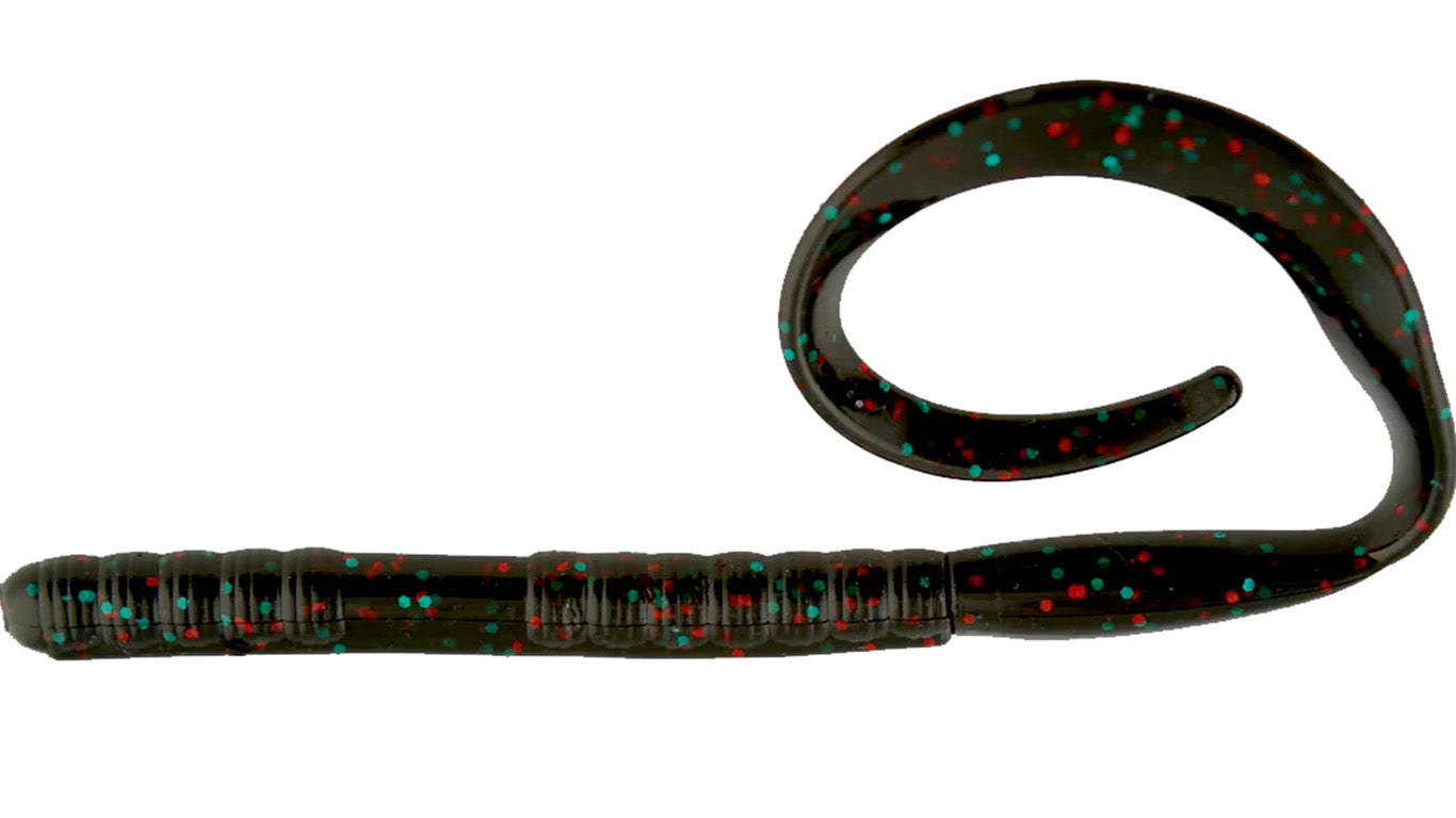 10" Ribbon Tail Worms Black With Green & Red Flakes
